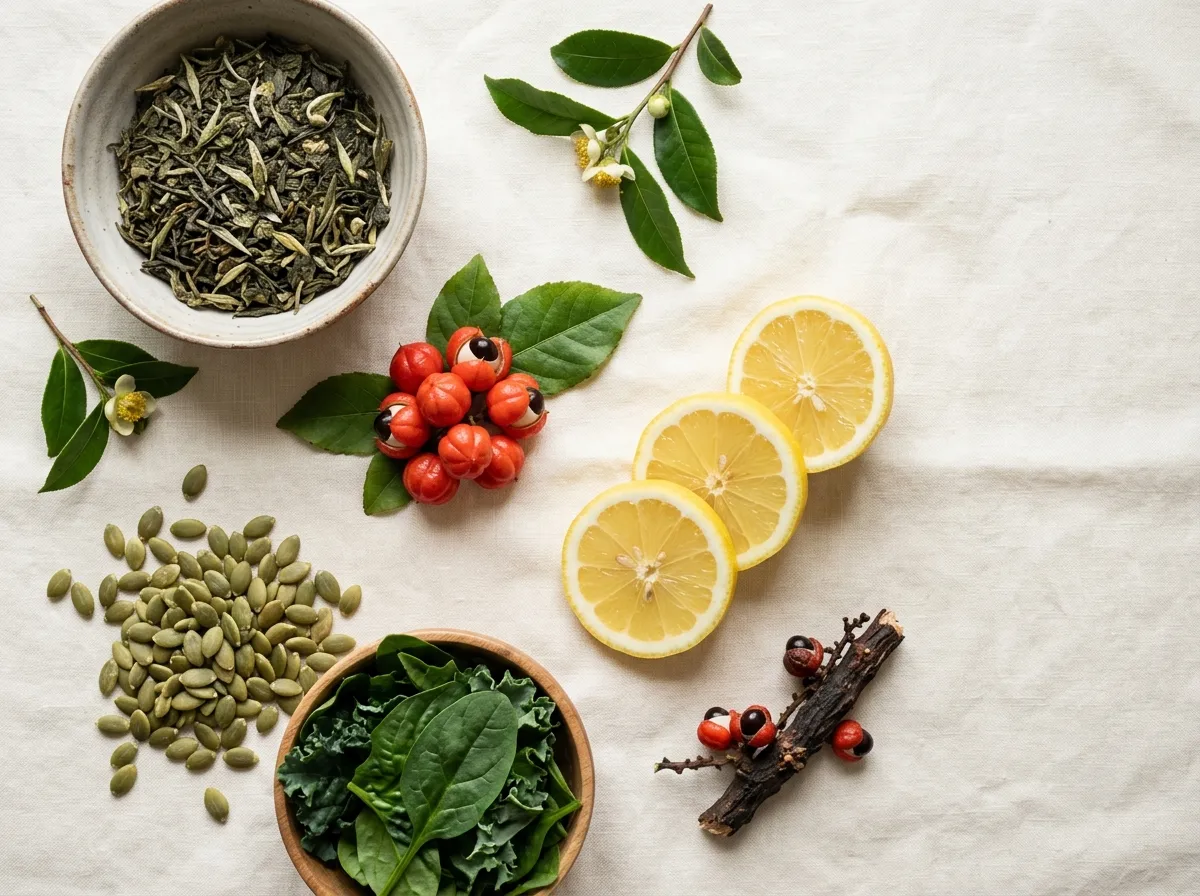 Plantaardige ingrediënten groene thee guarana magnesium flat lay